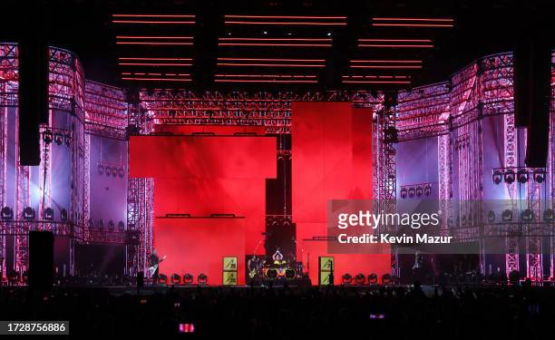 Robert Trujillo, Kirk Hammett, Lars Ulrich, and James Hetfield of Metallica perform onstage during the Power Trip music festival at Empire Polo Club...