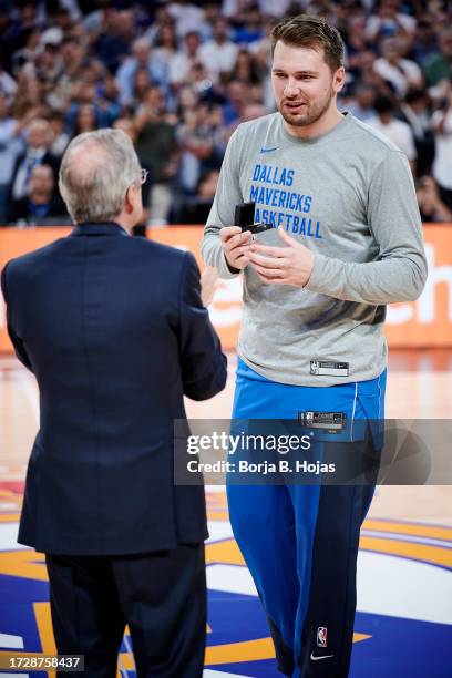 President of Real Madrid, Florentino Perez and Luka Doncic of Dallas Mavericks during Exhibition match between Real Madrid and Dallas Mavericks at...