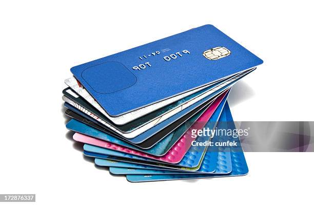 large pile of old credit cards - credit card and stapel stockfoto's en -beelden
