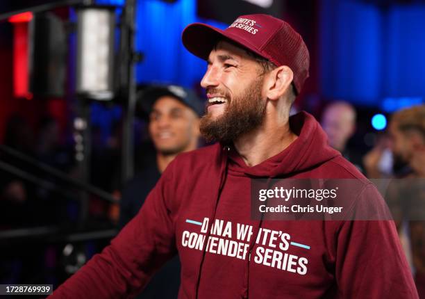 Connor Matthews reacts after being awarded a UFC contract during Dana White's Contender Series season seven, week ten at UFC APEX on October 10, 2023...
