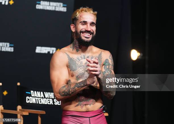 Ramon Taveras reacts after being awarded a UFC contract during Dana White's Contender Series season seven, week ten at UFC APEX on October 10, 2023...