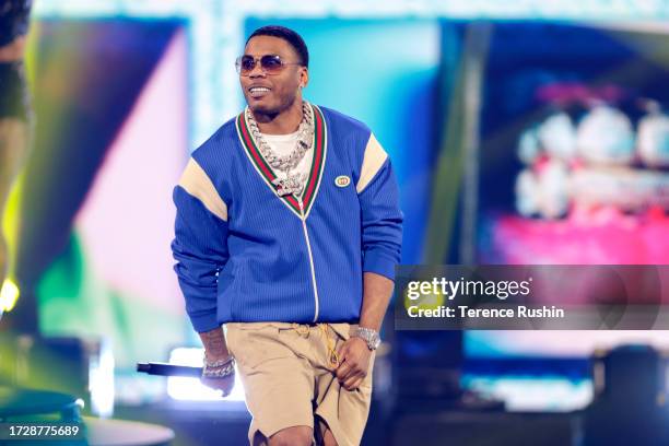 In this image released on October 10 Nelly performs onstage during the BET Hip Hop Awards 2023 at Cobb Energy Performing Arts Center on October 03,...