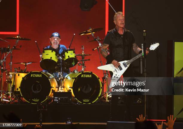 Lars Ulrich and James Hetfield of Metallica perform onstage during the Power Trip music festival at Empire Polo Club on October 08, 2023 in Indio,...