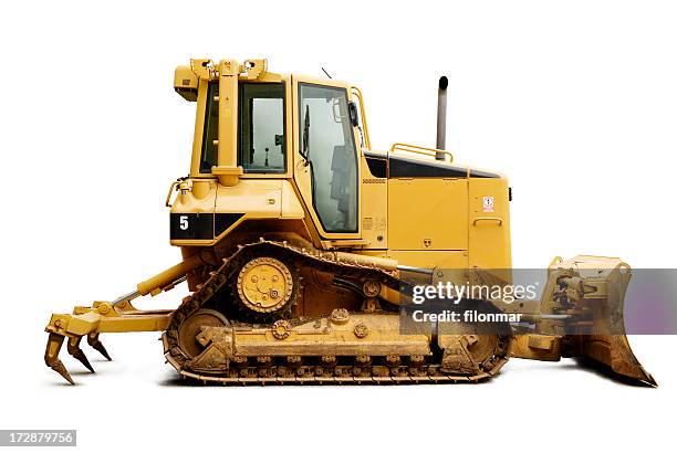 a yellow bulldozer on a white background - bulldozer stock pictures, royalty-free photos & images