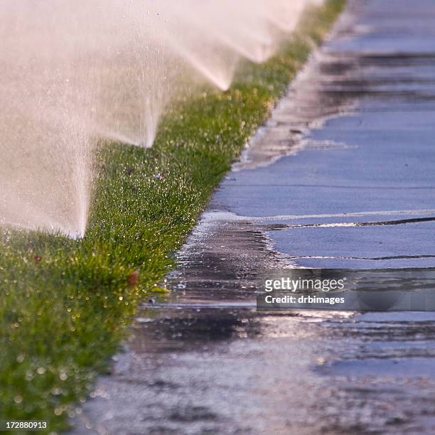 水の浪費 - sprinkler system ストックフォトと画像