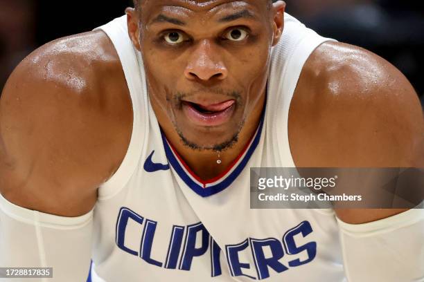 Russell Westbrook of the LA Clippers looks against the Utah Jazz on during the second quarter of the Rain City Showcase in a preseason NBA game at...