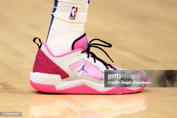 The shoe of Russell Westbrook of the LA Clippers is seen against the Utah Jazz during the second quarter of the Rain City Showcase in a preseason NBA...