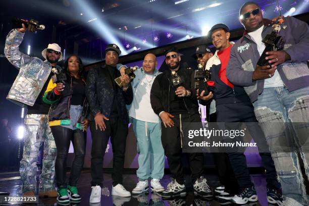 In this image released on October 10 Swizz Beatz, DJ Spinderella, Marley Marl, Fat Joe, DJ Drama, Timbaland, Kool DJ Red Alert and DJ Holiday onstage...