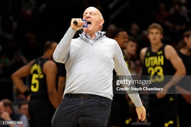 Steve Ballmer, owner of the LA Clippers, pumps up the crowd before the Rain City Showcase in a preseason NBA game between the LA Clippers and the...