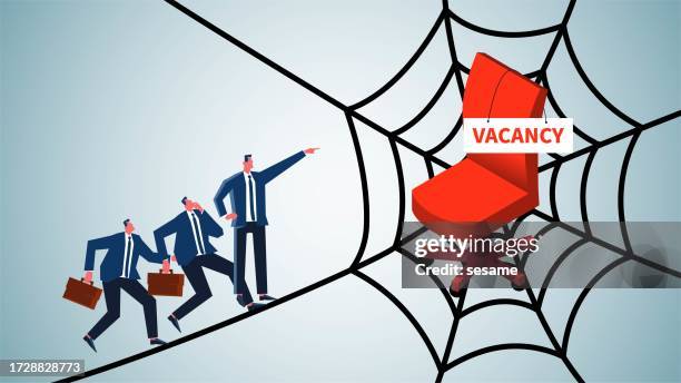 stockillustraties, clipart, cartoons en iconen met recruitment traps, misdirected employment, social media networking platforms recruiting risks, job-seeking businessmen walking on giant cobwebs and pointing uncertainly to vacant office chairs on the cobwebs - toxic employee