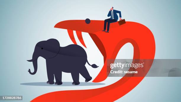 unsatisfied desires, greedy people, businessmen sitting on the head of a huge snake watching the giant snake eat the elephant - rich fury stock illustrations