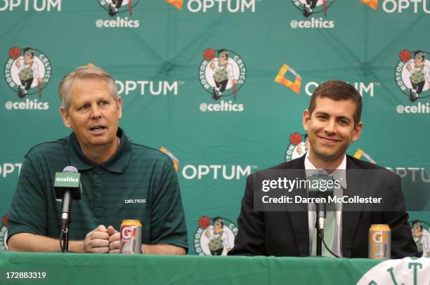 New Boston Celtics head coach Brad Stevens is introduced to the media by President of Basketball Operations Danny Ainge July 5, 2013 in Waltham,...