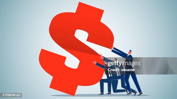 teamwork to help business through danger to resume growth, team support and business improvement, risk management, hazard control, crisis and loss mitigation, business teams working together to push the tilted dollar sign - bankruptcy stock illustrations