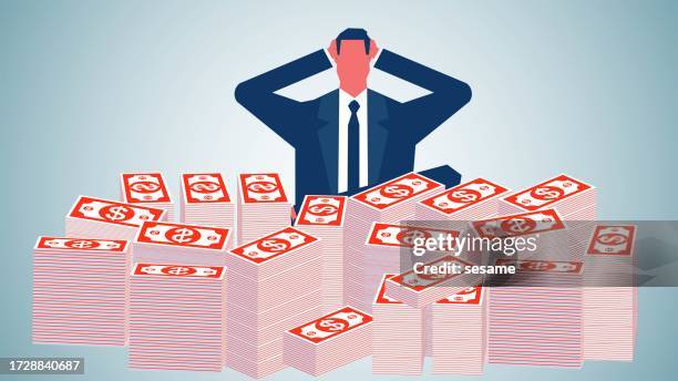 boss or businessman with wealth, high paying job or business investment with high return on investment, high yield and high profit, sitting with legs crossed and resting boss looking at a big pile of bills in front of his desk - financial analyst stock illustrations