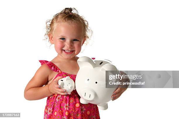 geld sparen - blonde girl piggy bank stock-fotos und bilder