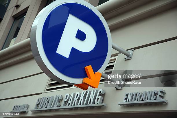public parking garage sign downtown - parking entrance stock pictures, royalty-free photos & images