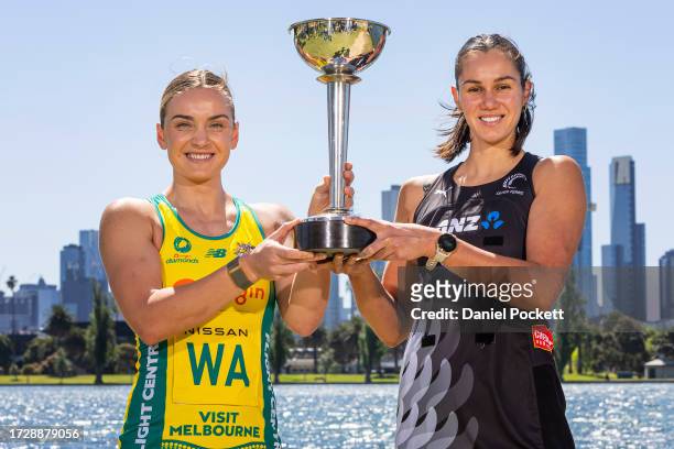 Australian Diamonds captain Liz Watson and New Zealand Silver Ferns captain Ameliaranne Ekenasio pose for a photograph with the Constellation Cup...