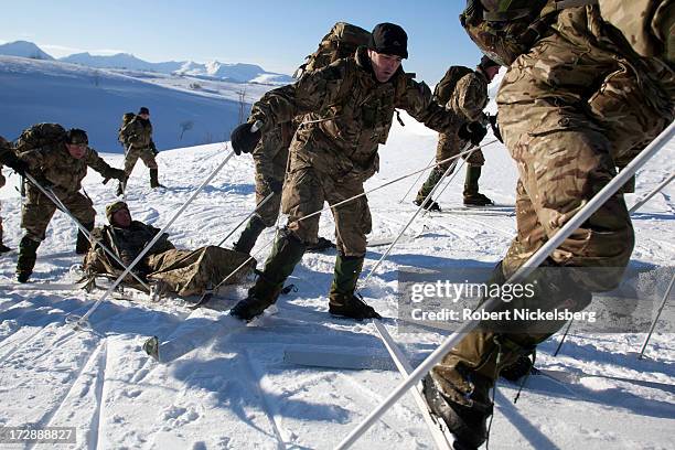 British Royal Marines pull and push a sled bearing one of their own during medevac exercises March 3, 2013 at the Allied Arctic Training Center in...