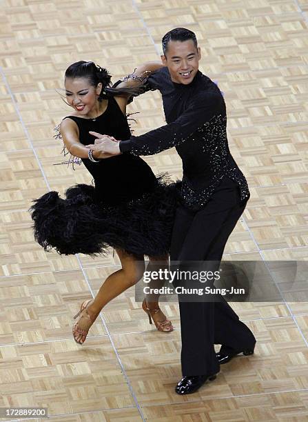 Chan Hing Wai and partner Tin Lai Ki of Hong Kong compete in the Dancesport- Latin Samba Final at Samsan World Gymnasium during day seven of the 4th...