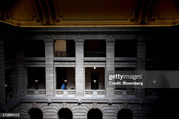 Tourists stand inside the Manitoba Legislative Building in Winnipeg, Manitoba, Canada, on Thursday, July 4, 2013. Canada extended the longest streak...