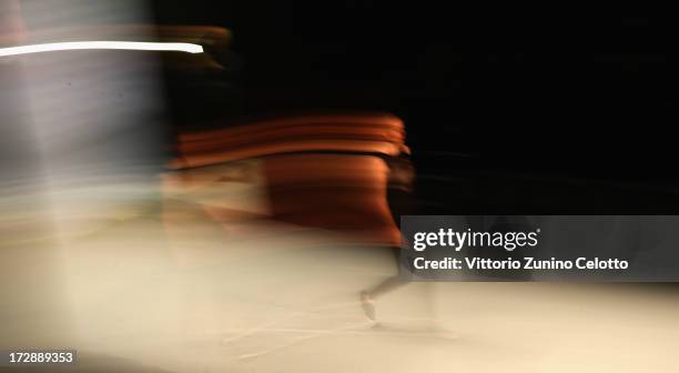 Model walks the runway during rehearsal ahead of the Ece Goezen, Nazli Bozdag, Nevra Karaca No. 7 Show during Mercedes-Benz Fashion Week...