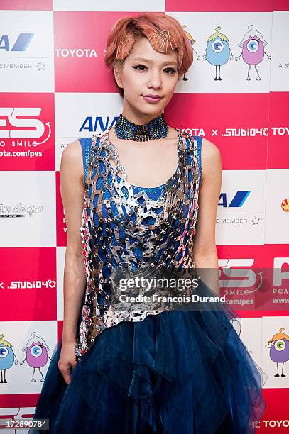 Singer Una poses at the 'TOYOTA x STUDIO4AC meets ANA PES' press conference during the Japan Expo at Paris-nord Villepinte Exhibition Center on July...