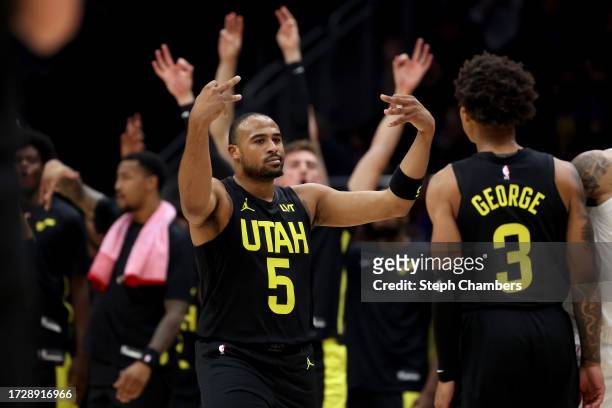 Talen Horton-Tucker of the Utah Jazz reacts after his three point basket against the LA Clippers during the third quarter of the Rain City Showcase...