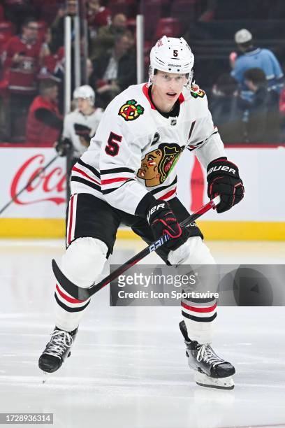 Look on Chicago Blackhawks defenseman Connor Murphy during warm-up before the Chicago Blackhawks versus the Montreal Canadiens game on October 14 at...