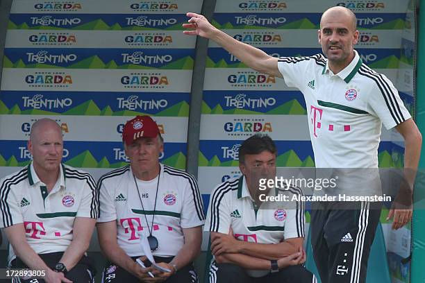 Josep Guardiola, head coach of FC Bayern Muenchen reacts during the friendly match between Paulaner Traumelf and FC Bayern Muenchen at Campo Sportivo...