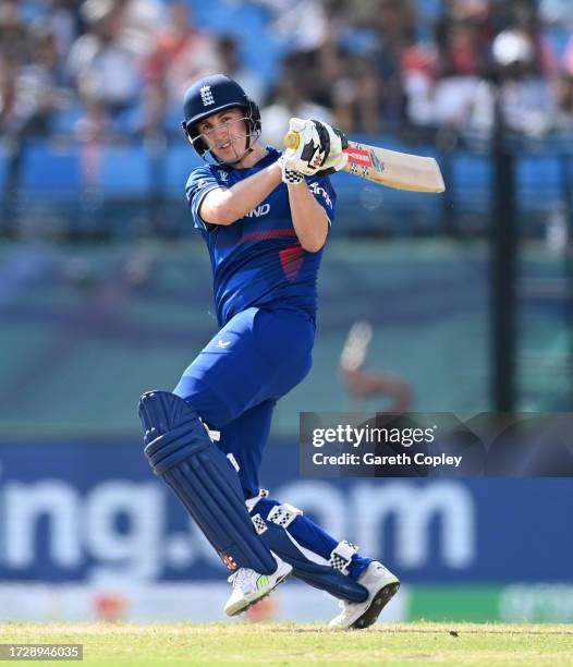 Harry Brook of England bats during the ICC Men's Cricket World Cup India 2023 between England and Bangladesh at HPCA Stadium on October 10, 2023 in...