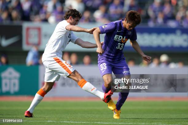 Tsukasa Shiotani of Sanfrecce Hiroshima takes on Dejan Jakovic of Shimizu S-Pulse during the J.League J1 first stage match between Sanfrecce...
