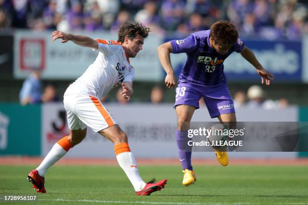 Tsukasa Shiotani of Sanfrecce Hiroshima takes on Dejan Jakovic of Shimizu S-Pulse during the J.League J1 first stage match between Sanfrecce...