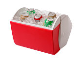 Red and white cooler containing ice and five cans of soda