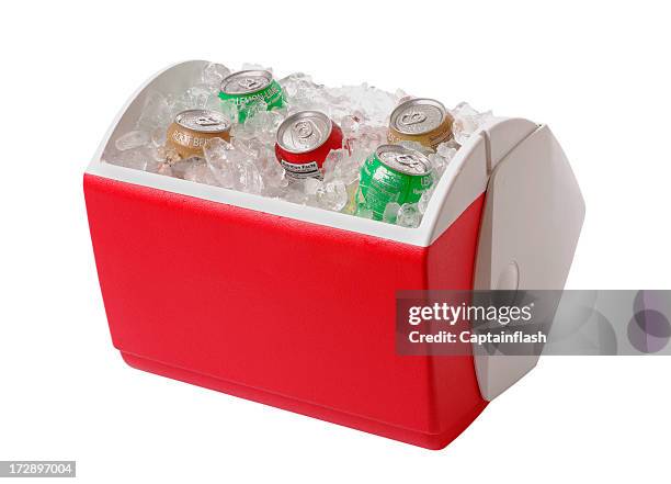 red and white cooler containing ice and five cans of soda - champagne bucket stock pictures, royalty-free photos & images