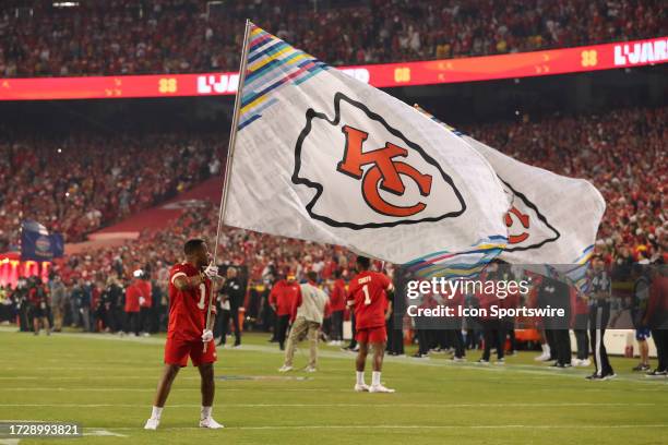 The Kansas City Chiefs logo on Crucial Catch flags during an AFC West matchup between the Denver Broncos and Kansas City Chiefs on Oct 12, 2023 at...