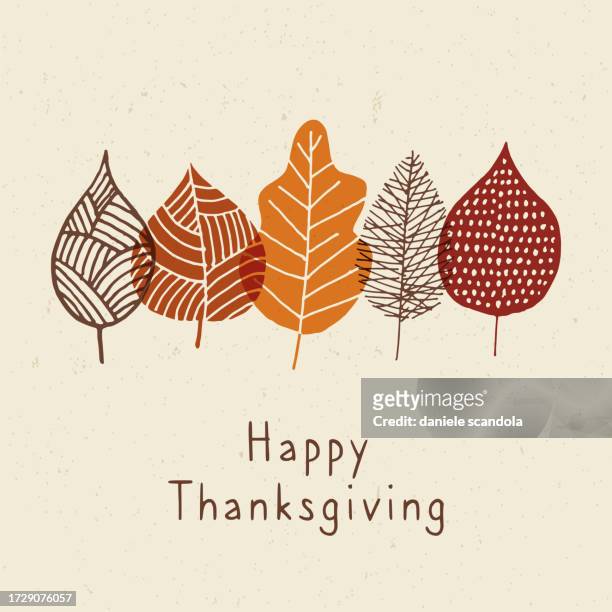 ilustraciones, imágenes clip art, dibujos animados e iconos de stock de feliz tarjeta de acción de gracias con hojas de otoño. - happy thanksgiving text
