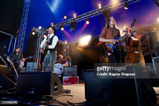 Bjorn Ognoy, Jaran Hereid, Andreas Dyraas, Espen Lund and Simon Kjelsvik of Yuma Sun perform on stage on Day 4 of Hove Festival 2013 on July 5, 2013...