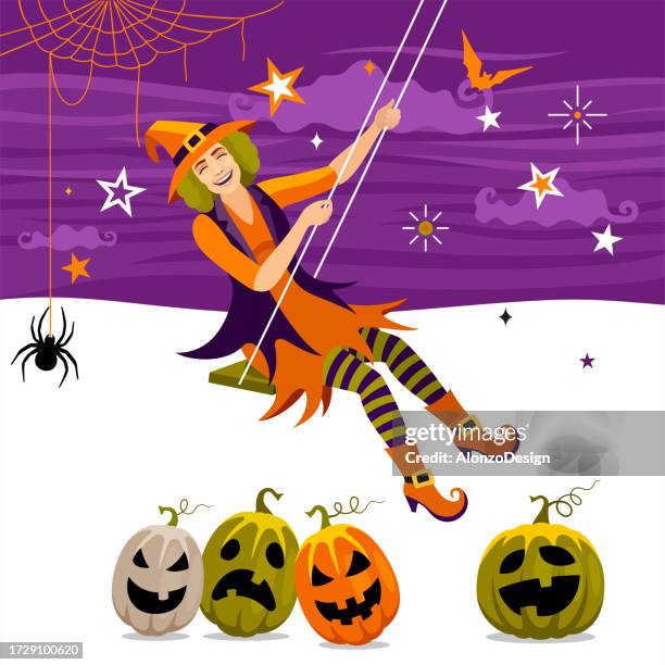 halloween poster. young witch playing on a swing - witchs hat stock illustrations
