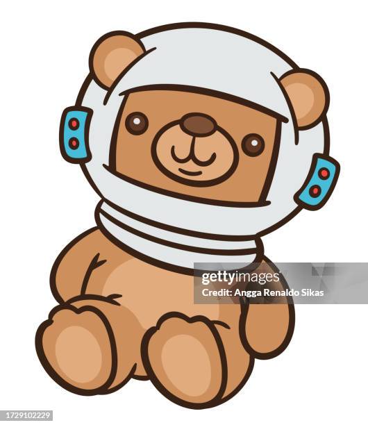 ilustraciones, imágenes clip art, dibujos animados e iconos de stock de muñeca divertida de oso de peluche dibujada a mano con personaje de dibujos animados de casco de astronauta - casco espacial