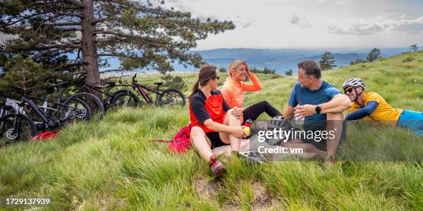 group of people sitting on grass in mountains - mid adult stock pictures, royalty-free photos & images