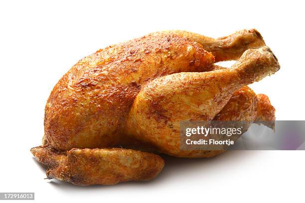 poultry: roast chicken isolated on white background - cooked chicken stock pictures, royalty-free photos & images