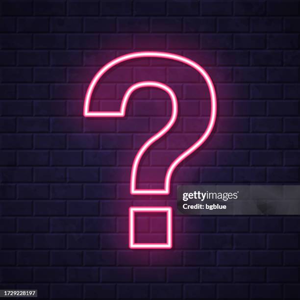 question mark. glowing neon icon on brick wall background - interview questions stock illustrations