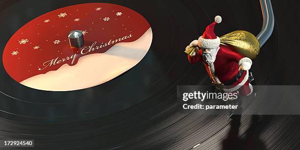 christmas card with santa skating on a vinyl record - christmas photo album stock pictures, royalty-free photos & images