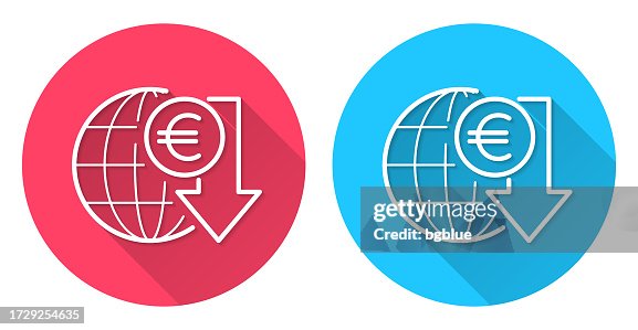 Euro rate decrease. Round icon with long shadow on red or blue background Euro rate decrease. Round icon with long shadow on red or blue background