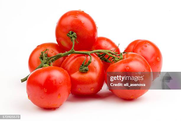 red tomatoes still on the vine - tomato stockfoto's en -beelden