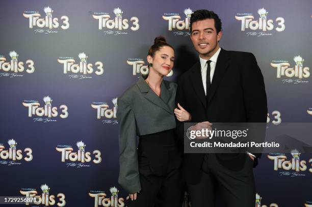 Italian actress and singer Lodovica Comello and the singer and frontman of the band The Kolors, Antonio Stash Fiordispino during the photocall for...