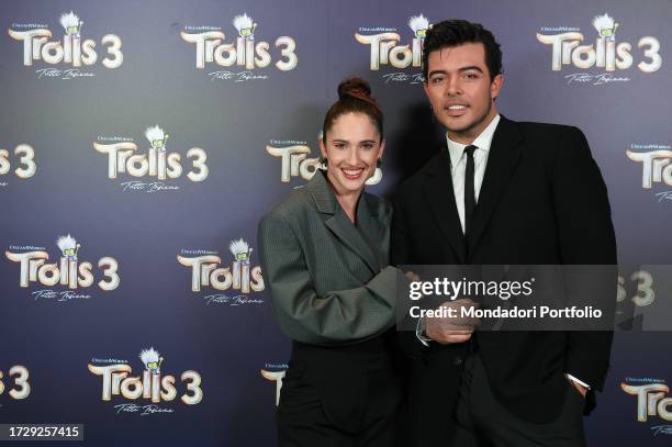 Italian actress and singer Lodovica Comello and the singer and frontman of the band The Kolors, Antonio Stash Fiordispino during the photocall for...