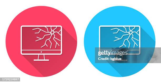 desktop computer with broken screen. round icon with long shadow on red or blue background - falling tv stock illustrations