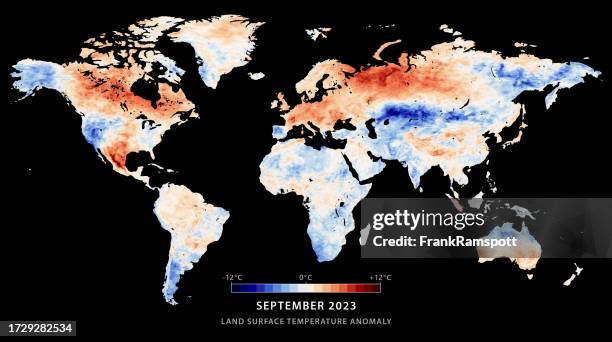 illustrations, cliparts, dessins animés et icônes de carte du monde anomalie de température à la surface terrestre septembre 2023 - température