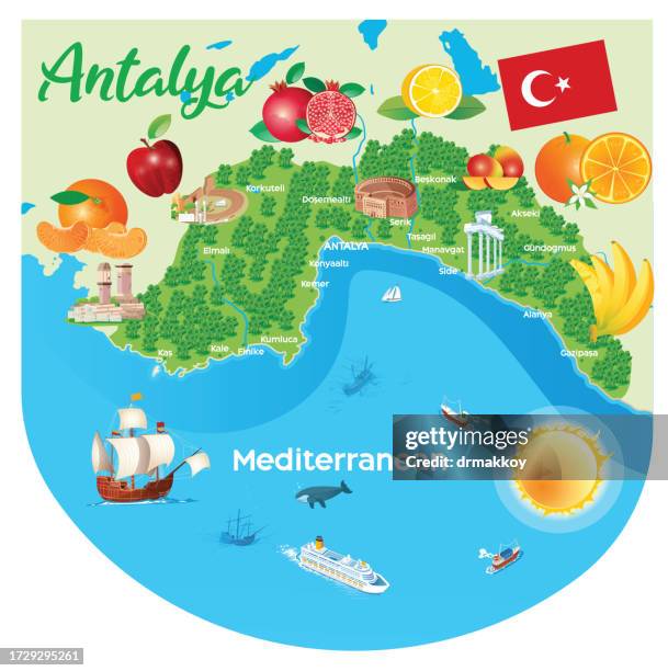 cartoon map of antalya - temple of hadrian turkey stock illustrations